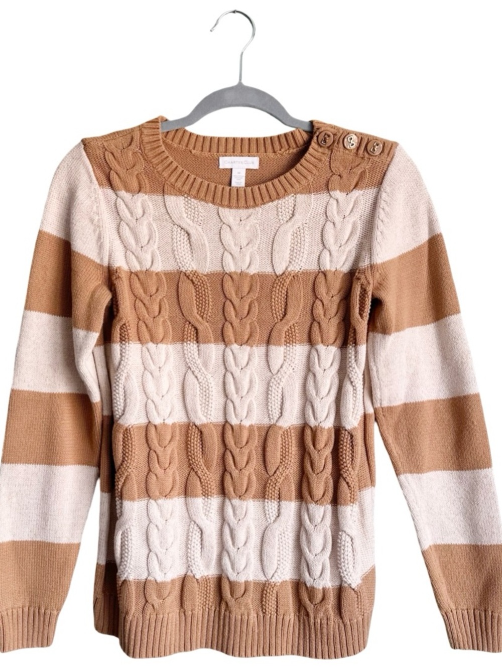 Charter Club Macy’s Fall Cream Tan Preppy Striped Cable Knit Sweater Women's Med